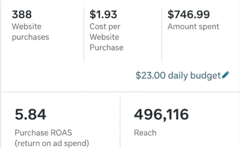 Meta Ads campaign showing 5.84x ROAS with 388 website purchases and $746.99 ad spend
