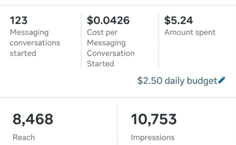 Meta Ads campaign results showing 123 messaging conversations started at $0.0426 cost per conversation